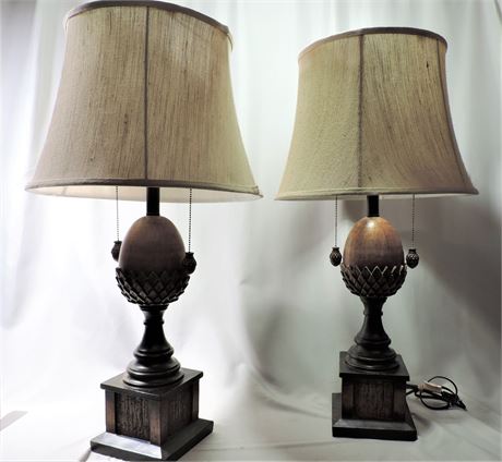 Pair of Acorn Style Carved Wood Lamps