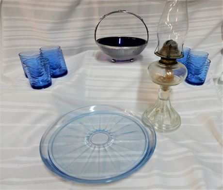 Oil Lamp / Cobalt Blue Glass /  Vase Lot