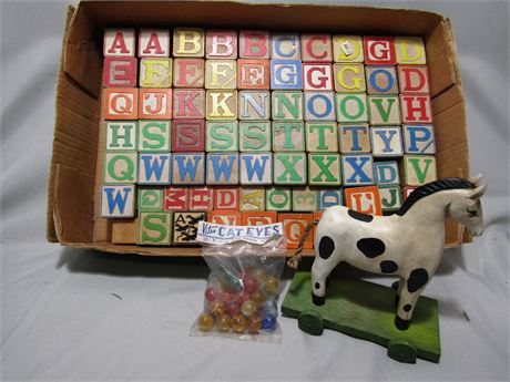 Vintage Toys, Hand Carved Wooden Horse, Blocks and Cat Eye Marbles