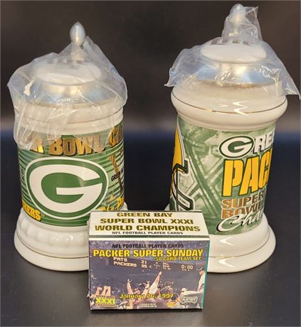 GREEN BAY PACKERS COLLECTOR'S LOT OF CARDS AND 2 UNUSED BEER STEINS