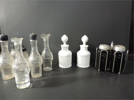 Vintage Milk Glass & Glass Condiment Bottles Salt & Pepper Shakers
