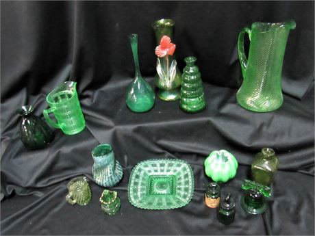 15 Piece Misc. Vintage Green Glass Lot