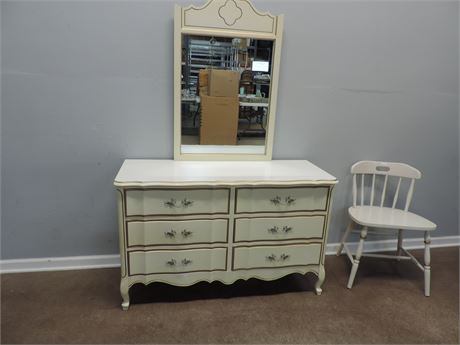 Vintage French Provincial Dixie Double Dresser / Mirror / Chair