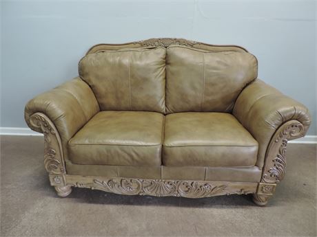Ashley Furniture Loveseat / Ornately Carved / Leather / Bisque Finish
