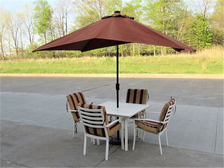 Outdoor Patio Table with Umbrella, Stand and Four Chairs with Cushions