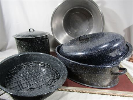 Vintage Speckled Enamel Roasters, Pots and Cookware