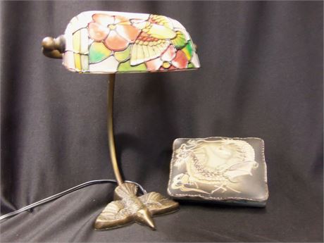 Vintage Stain Glass Hummingbird Brass Lamp and Glass Trinket Box