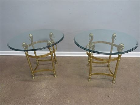 Glass Top Brass Lions' Head End Tables