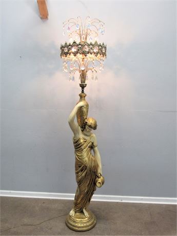 Ornate Vintage Metal and Ceramic Figural Lamp with Crystal Pendants
