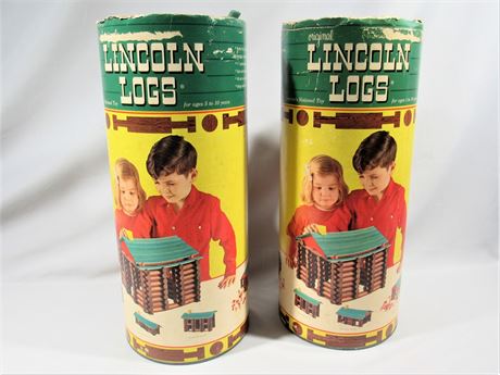 2 Large Lincoln Log Tubes/Containers with Lincoln Logs