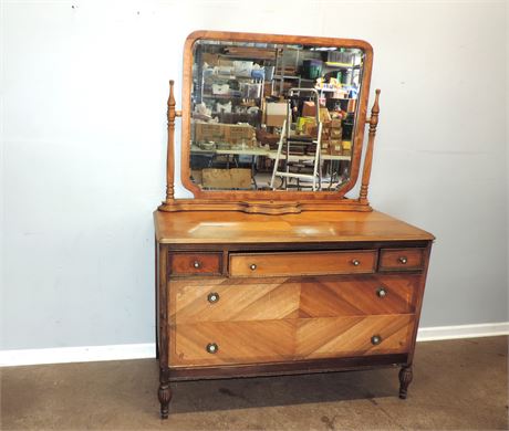 Vintage Two Piece Dresser / Vanity / Mirror / Casters
