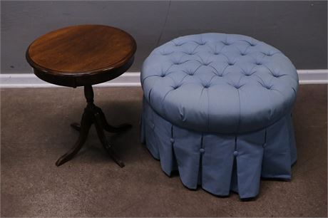 Round Pedestal and a Tucked Ottoman with a pleated Skirt