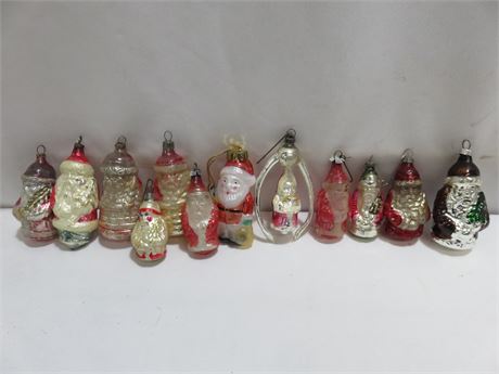 12 Vintage Mercury Glass Santa Ornaments