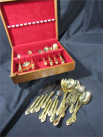 66 Pc Lot Stainless Korea SHELL Gold Accent Flatware Set