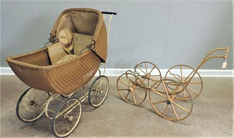 Primitive - Antique Wicker Doll Carriage 1920 and Antique Doll Buggy