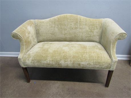 Georgian Style Mahogany Camel Back Low Chair, in Cream Colored Fabric