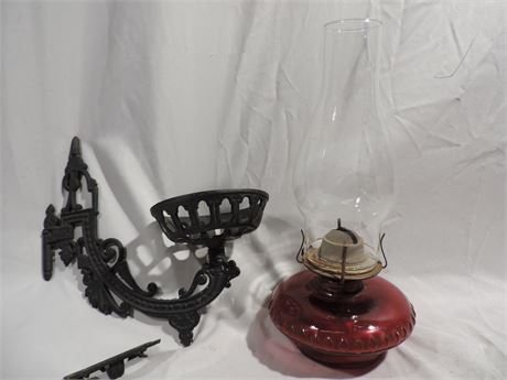 Vintage Cast-Iron Sconce / Cranberry Glass Oil Lamp