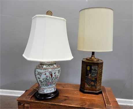 Two Asian Style Metal and Porcelain Table Lamps with Shades