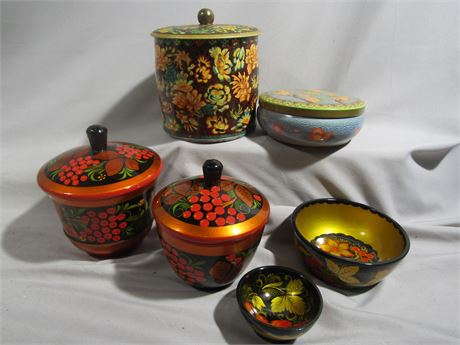 Vintage Wooden Bowl and Tin Collection, 6 Piece