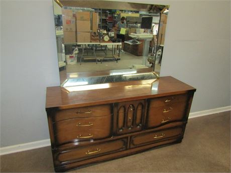 Mid-Century Bassett Dresser and Mirror, with Gold Trim