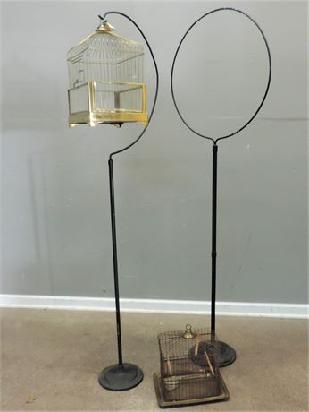 Two Wrought Iron Black Bird Cage Stands and Brass Bird Cages