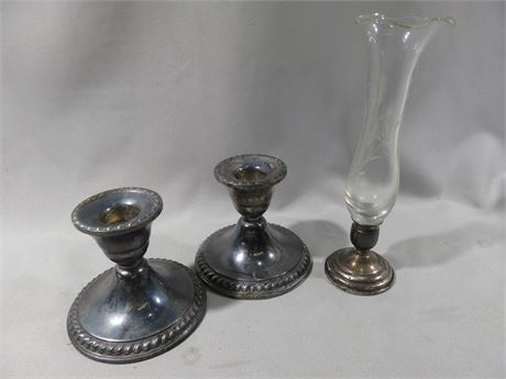 Weighted Sterling Silver Candlestick Holders & Bud Vase