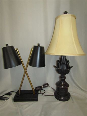Set of Black Base Table Lamps, with Gold Trim