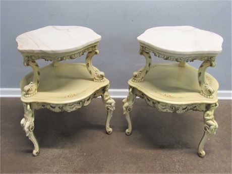 2 - 2-Tier French Provincial End Tables with Cherubs and Marble Tops