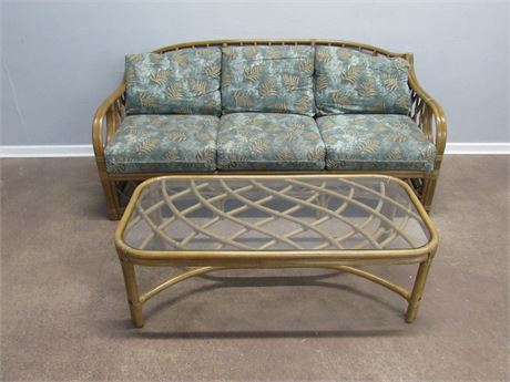 Lane Co. Tradewinds Rattan Sofa with Cushions and Glass Top Coffee Table