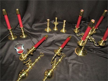 Baldwin Candle Stick Holders, plus Small Candle and Brass Wall Sconce
