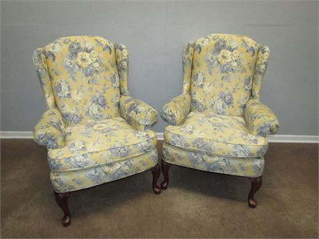 Pair of Clayton Marcus Wingback Armchairs, with Floral Pattern