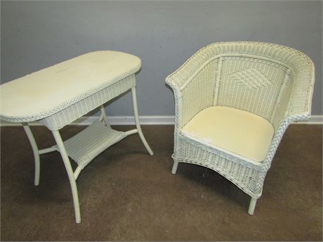 Set of Two White Wicker Table and Chairs