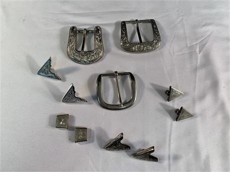 Lot of Vintage Belt Buckles Collar Tips and Tie Clasps Some Sterling Silver