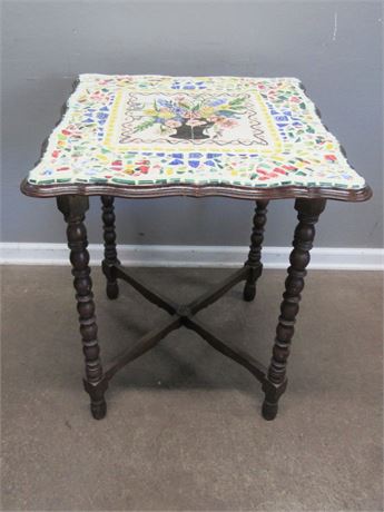 Vintage Side Table with Floral/Mosaic Tile Top