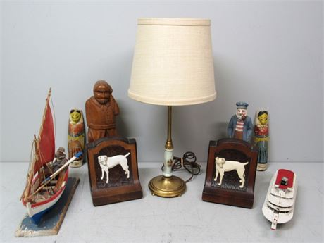 9 Piece Decorative Lot - Including Bookends and Boudoir Lamp