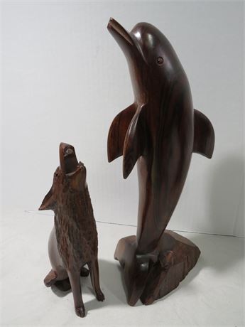 Carved Wooden Dolphin & Wolf Sculptures