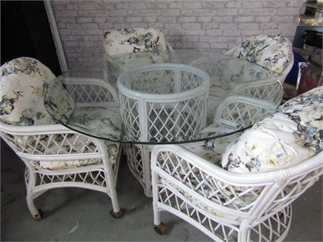 White Wicker Style Table and Chairs with Floral Design, on Coasters