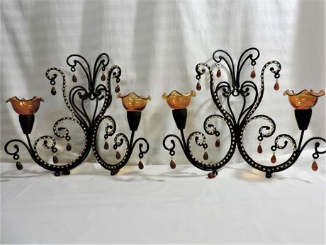 Two Decorative Jeweled Wall Sconce Candle Holders