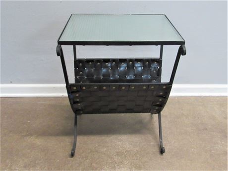 Pier-1 Wrought Iron Glass Top Side Table with Vinyl Sling Magazine Holder