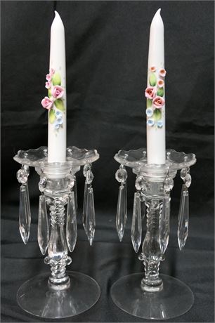 Prism Candle Holders Pair / Ceramic Floral Adorned taper candles