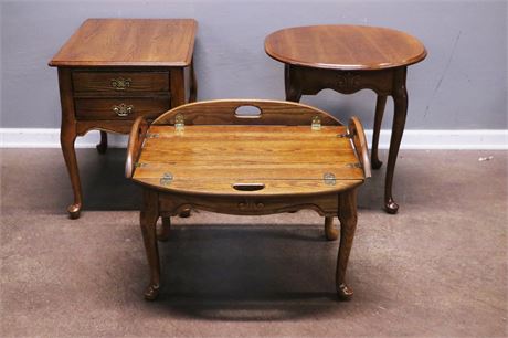 3 Tables with Queen Anne legs and a shared decorative wood emblem
