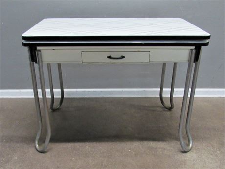 Vintage Black and White Enamel Top Table with Draw Leaves