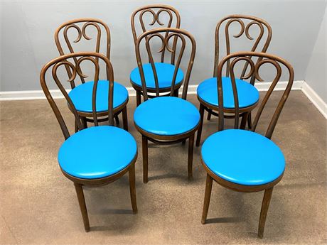 6 Vintage Oak Bentwood Cafe Chairs with Blue Vinyl Cushions