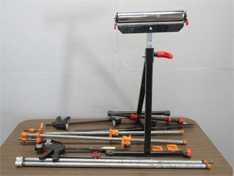 8 Piece Tool Lot - Roller Stand and Pipe/Bar & F-Clamps
