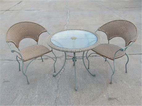 Green Wrought Iron Bistro Table w/ Glass Top & 2 Wrought Iron/Wicker Chairs