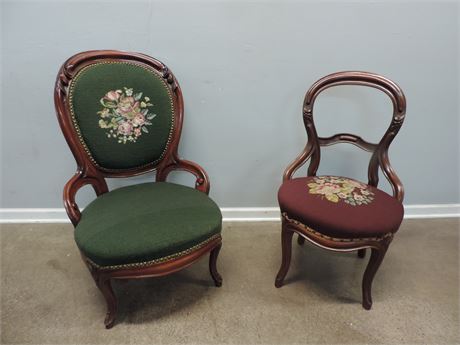 Two Antique Victorian Style Embroidered Parlor Chairs