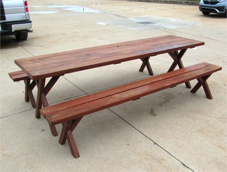Large Redwood Painted Wood Picnic Table with 2 Benches - Almost 8ft Long!