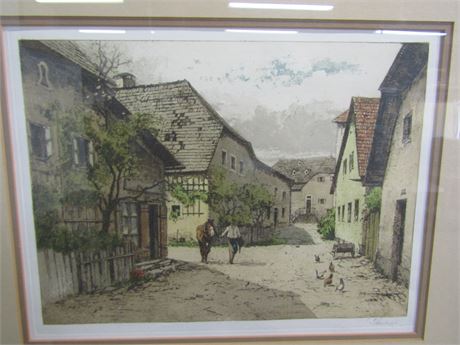 Original Color Etching "Village Street", Josef Eidenberger