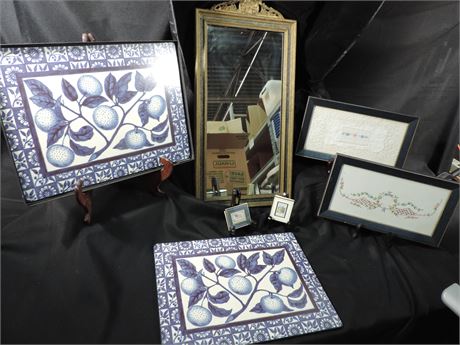 Antique Mirror/ Lacquer Finish Placemats / Vintage Stamps