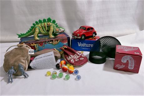 Volkswagen Toy Car, Slinky, Marbles, Dinosaur Vintage Replica Toy Lot
